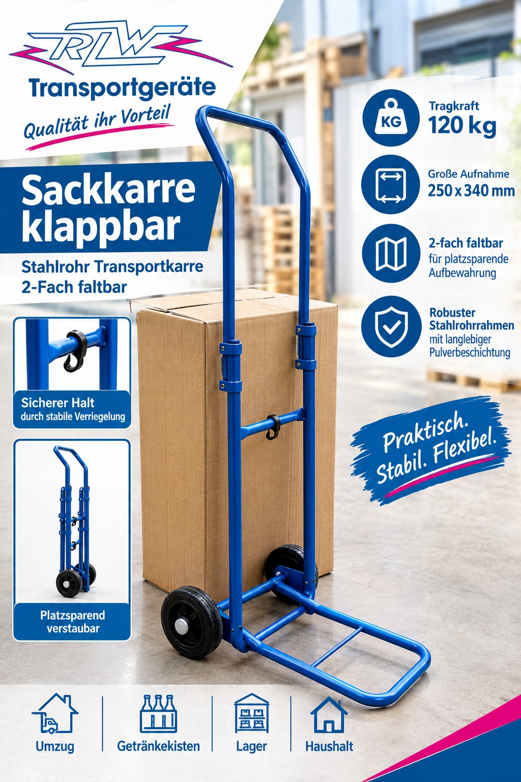 Sackkarre klappbar 120 kg – Stahlrohr Transportkarre 2-fach faltbar – große Aufnahme 250 x 340 mm – platzsparend für Umzug, Getränkekisten, Lager & Haushalt